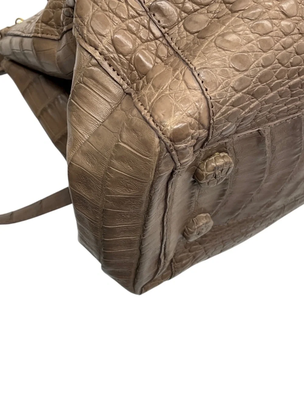 NANCY GONZALEZ TAUPE GENUINE CROCODILE DOUBLE TOP HANDLE SATCHEL HANDBAG